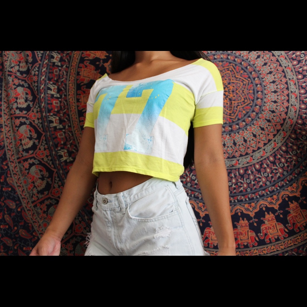 Yellow and white striped "77" crop top